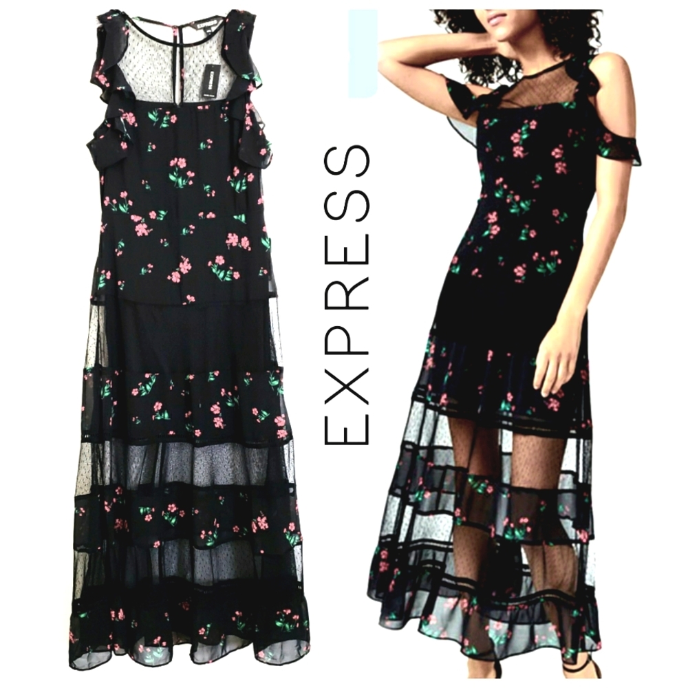 Express Nwt  Black / Red Small Floral Print Tiered Mesh Layers Maxidress